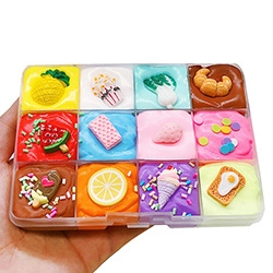 Detailed view of 12-color DIY slime kit with food-shaped resin charms in a clear box