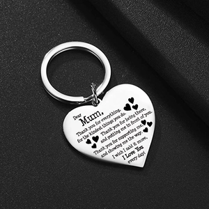 Polished stainless steel heart keychain with engraved mother's message on black leather