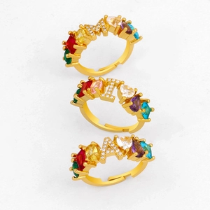 Alphabet Initial Letter Ring Gold Plated Copper Colorful Zircon Adjustable Open Trendy Fashion Jewelry For Women
