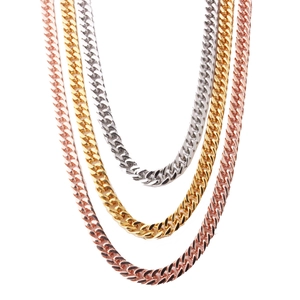 Detailed view of 8mm double-weave Cuban link chains in rose gold, gold, and silver steel