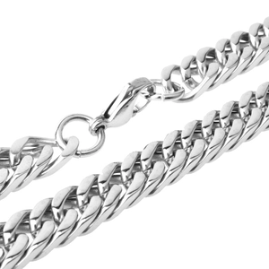 Macro close-up of 8mm silver stainless steel Cuban link chain with durable lobster clasp
