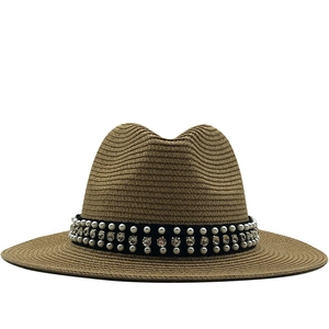 Elegant Women Straw Fedora Hat Wide Brim Summer Beach Sun Protection Artificial Pearl Rhinestone Ribbon Jazz Style Breathable