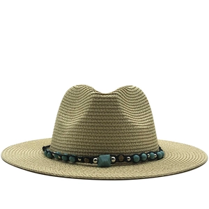 Women's white straw fedora beach hat with bohemian turquoise beaded band decor