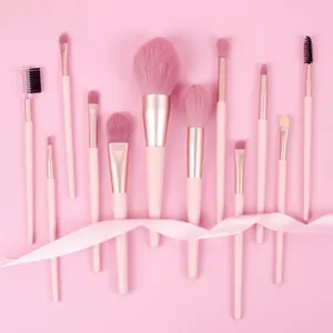 Close-up of 12pcs pink makeup brush set with rose gold ferrules and soft silk ribbon