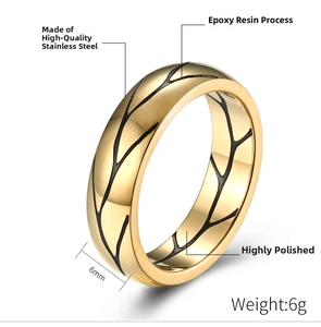 Detailed view of 6mm gold titanium steel ring with black cracked texture and high polish