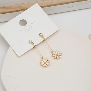 Long S925 silver post dangle earrings with elegant white daisy and rhinestone details