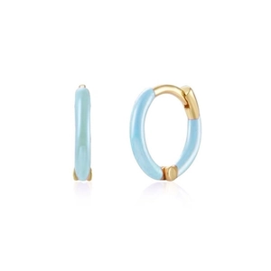 Golden S925 silver needle hoop earrings with light blue enamel finish on white background