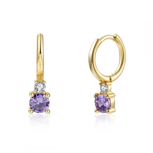 S925 silver needle hoop earrings with gold plating and round purple zircon pendants