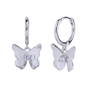 Silver butterfly hoop earrings with sparkling zircon stones on a white background
