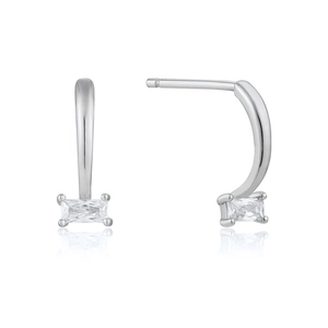 Elegant S925 silver stud earrings with square zircon and modern geometric J-shape design