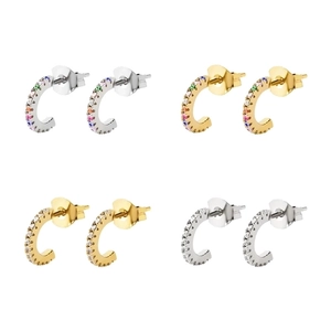 C-Shaped Hoop Earrings Micro Pave Colorful Zircon Copper Chic Geometric With 925 Sterling Silver Earring Post