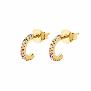 Gold C-shaped hoop earrings with colorful pavé cubic zirconia for women in daily style