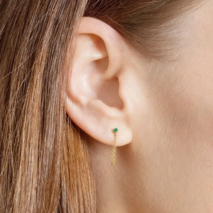 Elegant S925 drop earrings with green zircon and gold tassels on a female model