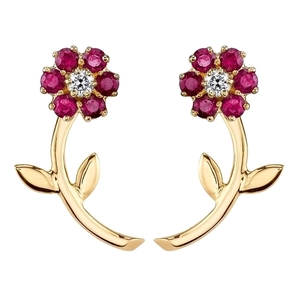 Elegant gold flower earrings with red crystal petals and clear center on white background