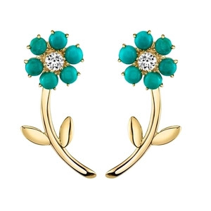 Detailed view of flower earrings with gold stems, green petals, and central crystals