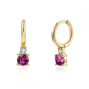 Detailed close-up of gold hoop earrings with multi-colored round zircon and ruby-red gems