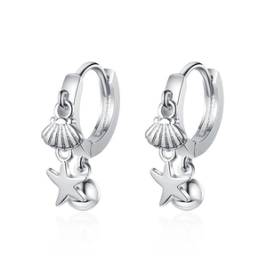 Minimalist S925 silver hoop earrings with polished starfish and seashell charms