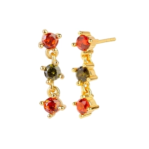 Elegante Goldohrringe mit vertikalem Dreistein-Design, roten und grünen Zirkonia