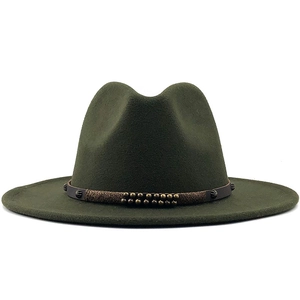 Detail of dark green wool fedora with retro leather belt and vintage metal rivets