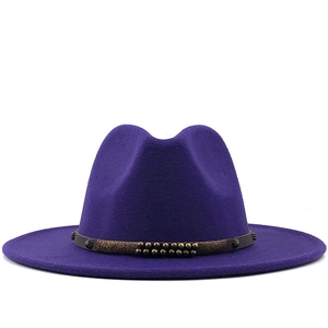 Elegant deep purple wool fedora hat with brown braided band and vintage metal studs