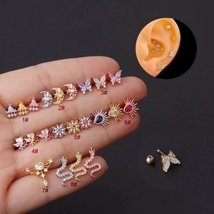 Cartilage Earring Stud Stainless Steel Post Copper Inlaid Zircon Star Moon Snake Butterfly Heart Screw Back Piercing Jewelry