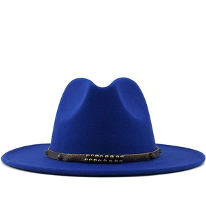 Royal blue wool felt fedora hat with flat wide brim and brown leather studded band