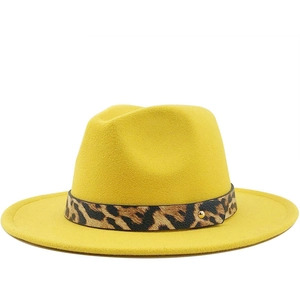 Bright yellow wool fedora hat with leopard print band and gold metal buckle detail