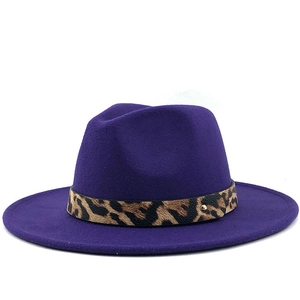 Deep purple fedora wool hat featuring a leopard print band and a gold metal stud accent