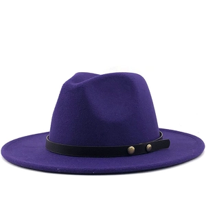 Elegant dark purple wool felt jazz hat with wide brim and black leather decorative belt