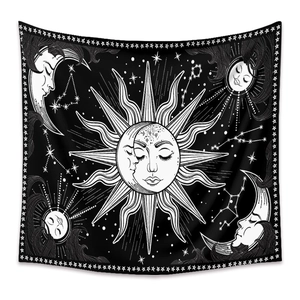 Bohemian black and white sun and moon phase tapestry with astrology star patterns