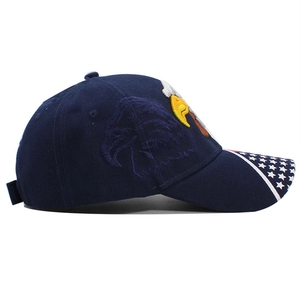 Detail shot of eagle embroidery and American flag motif on a navy baseball cap