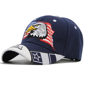 Détail de la broderie aigle et drapeau USA sur casquette bleu marine avec motif d'étoiles