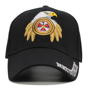 Detailed close-up of eagle embroidery and Native Pride text on a black baseball cap