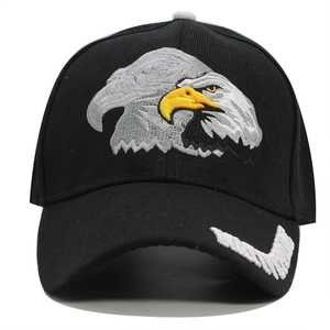 Close-up of premium black baseball cap with high-quality eagle embroidery detail
