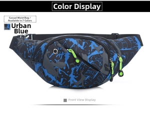 Detail of waterproof 400D oxford waist bag with blue graffiti pattern and neon green zipper