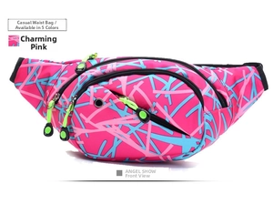 Detail view of pink waist bag with abstract blue lines and neon green zippers