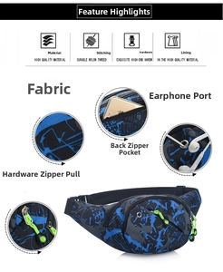 Detail of camoflauge sports waist bag featuring earphone hole and back anti-theft pocket