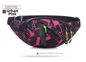 Detail of urban pink graffiti print waist bag with fluorescent green zipper pulls