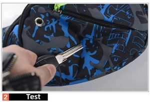Detail showing the scratch-resistant test on camouflage oxford cloth sports waist bag