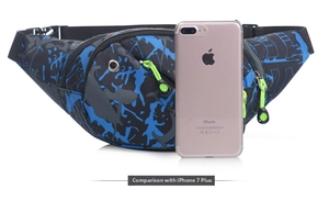 Detailed front view of waterproof oxford sport waist bag with neon zipper and phone comparison