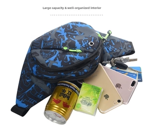 Internal compartments of the camo waist bag showing storage for phone and drinks