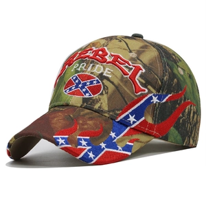 Detail of rebel pride embroidery and confederate flag motif on a camouflage baseball cap