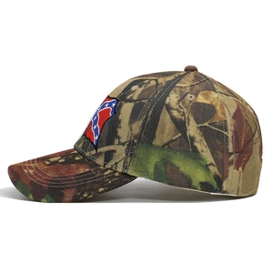 Camo baseball cap featuring embroidery patch in a classic forest camouflage pattern