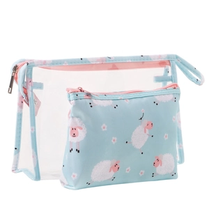 Detail of 2-piece portable PVC toiletry set with cute blue sheep pattern and pink zipper
