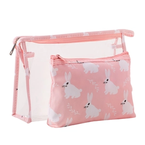 Detail view of 2-piece set featuring transparent PVC pouch and pink rabbit pattern bag