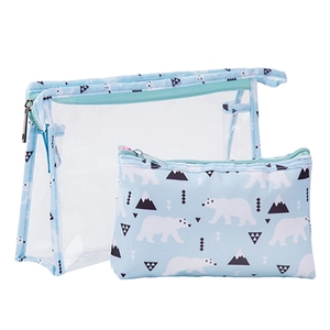 Detail view of 2-piece blue polar bear waterproof PVC makeup bags and travel organizers