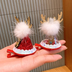 Christmas reindeer antler hair clips set with gold horns and plush pom poms for girls
