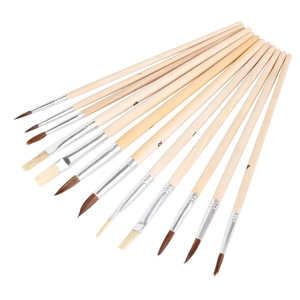 Set of 12 nylon paint brushes with natural wooden handles for watercolor and oil painting