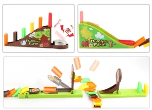 Detailansicht des Domino Farm Spielzeugsets mit mechanischem Auslöser und bunten Bausteinen
