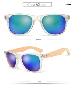 Detailed view of clear frames and bamboo wood temples on gradient blue sunglasses